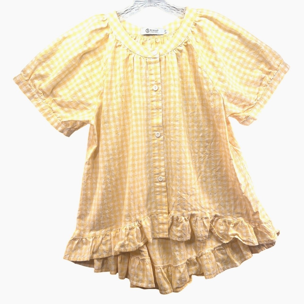 Flygo Yellow Gingham Ruffle High Low Blouse Cotton Short Sleeve Top XYY-AF131 S